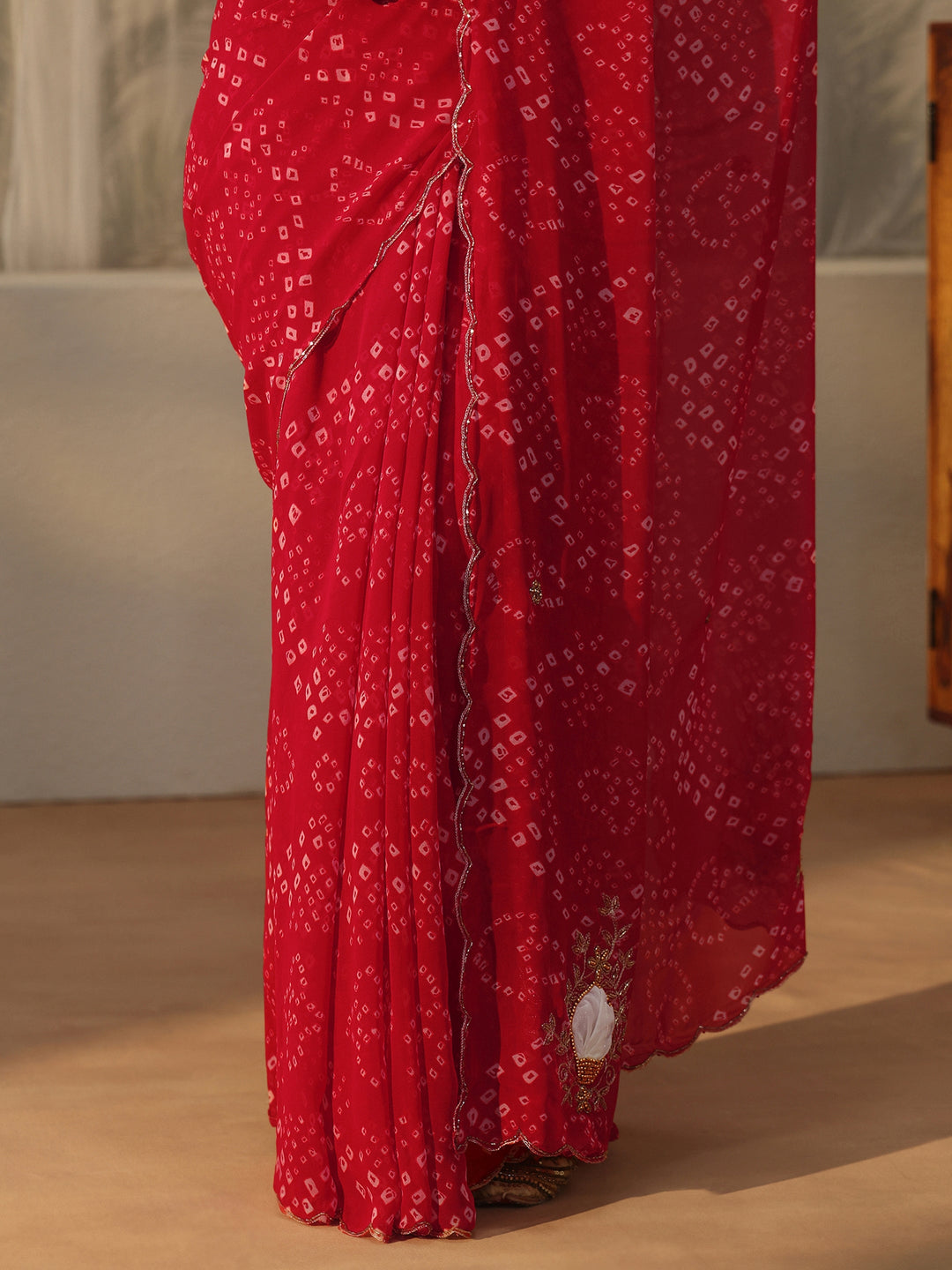  Libas Red Bandhani Printed Chiffon Saree with Applique Design 