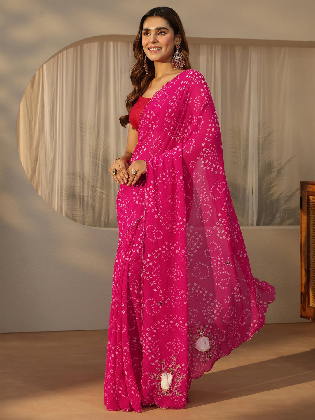  Libas Pink Bandhani Printed Chiffon Saree with Applique Design 