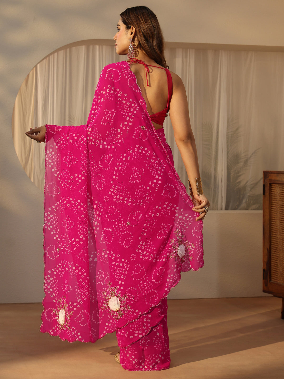  Libas Pink Bandhani Printed Chiffon Saree with Applique Design 