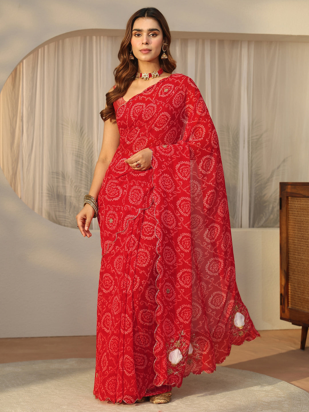  Libas Red Bandhani Printed Chiffon Saree with Applique Design 