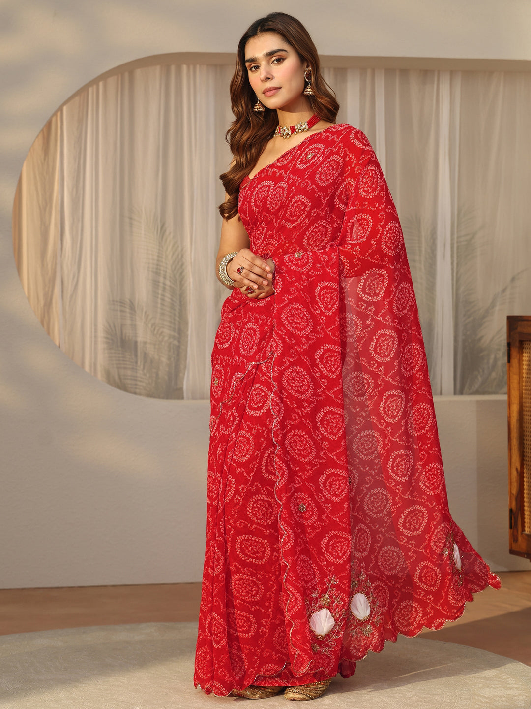  Libas Red Bandhani Printed Chiffon Saree with Applique Design 