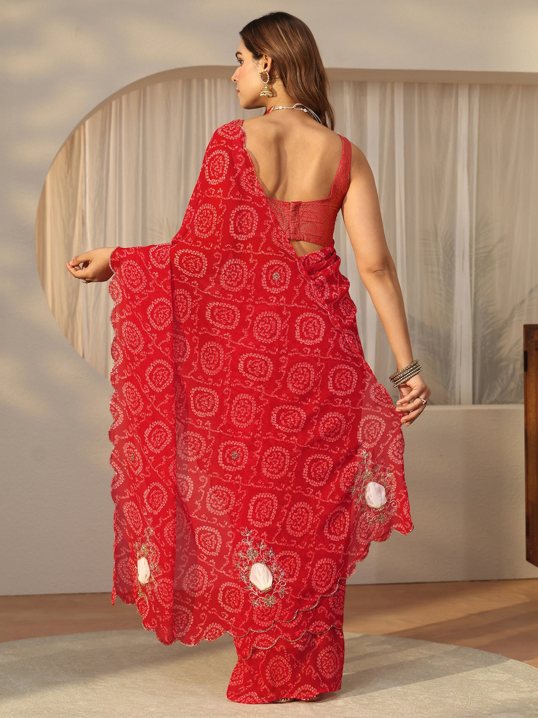 Libas Red Bandhani Printed Chiffon Saree with Applique Design 