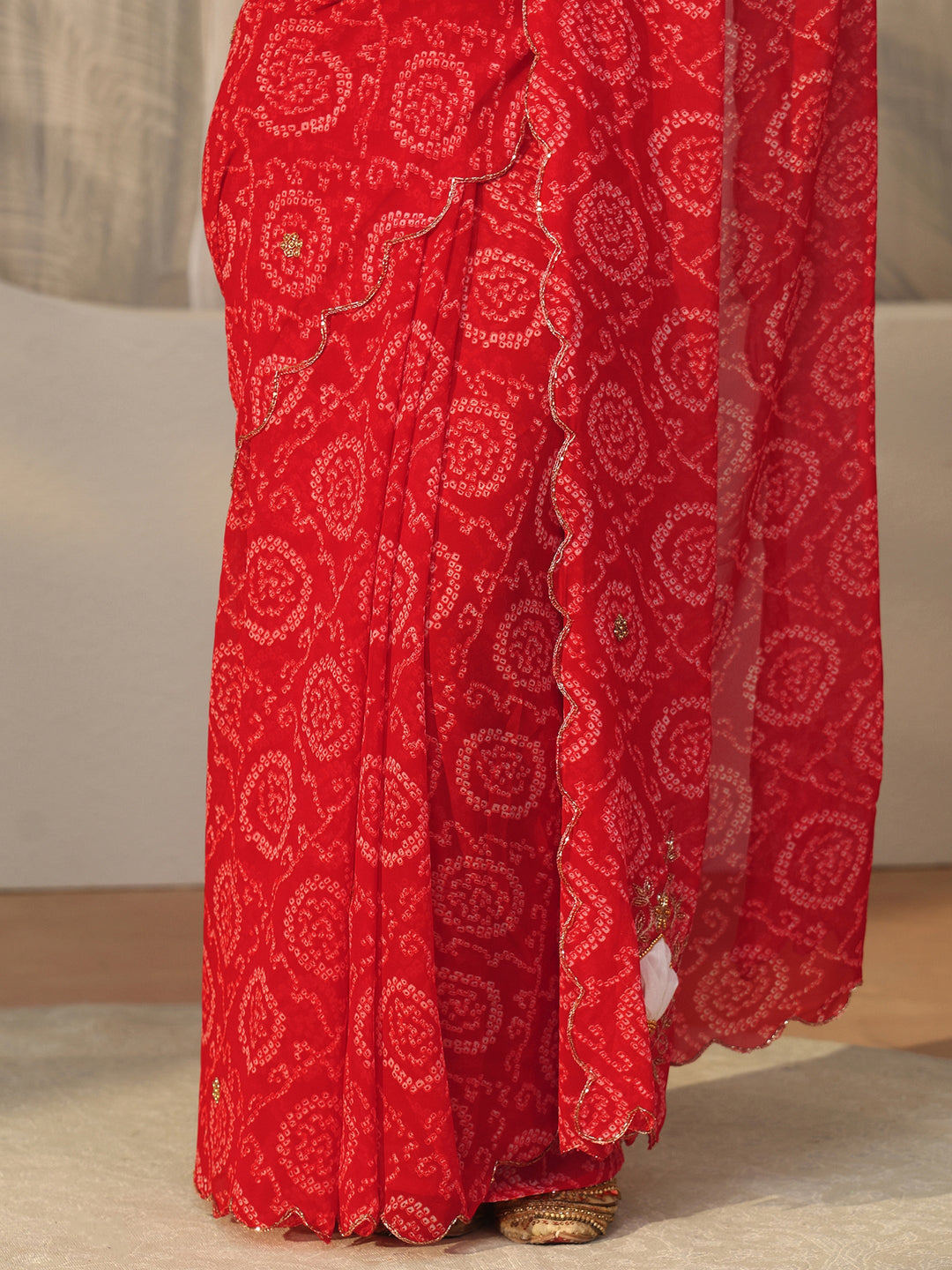  Libas Red Bandhani Printed Chiffon Saree with Applique Design 