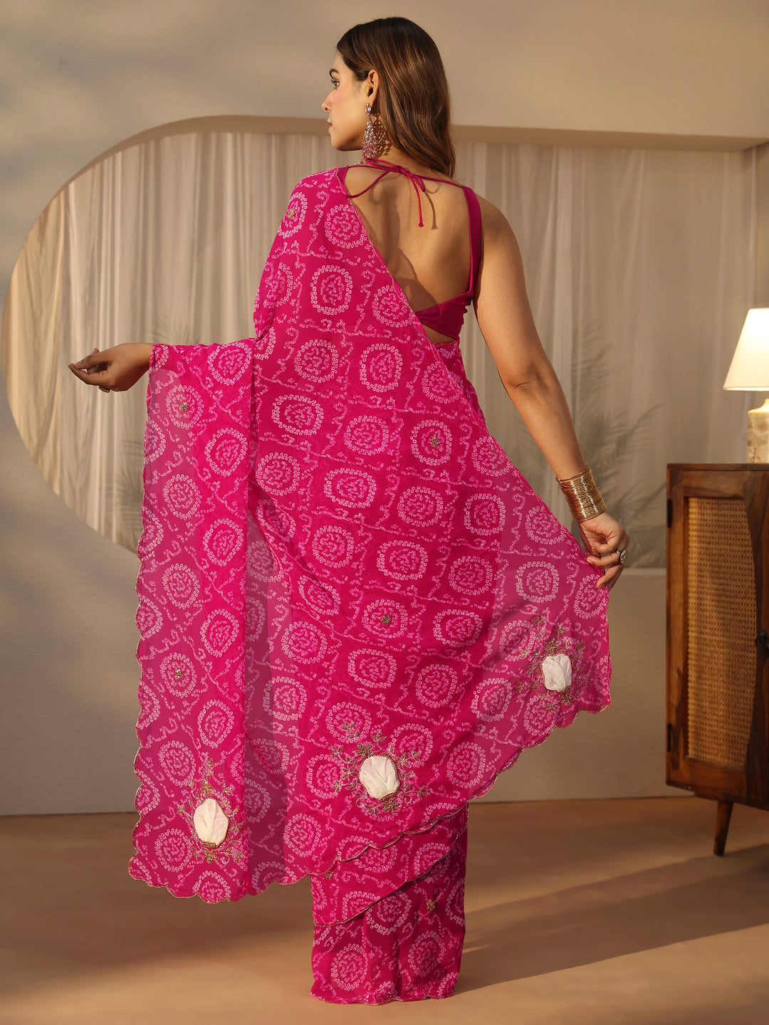  Libas Pink Bandhani Print Chiffon Saree with Applique Design 