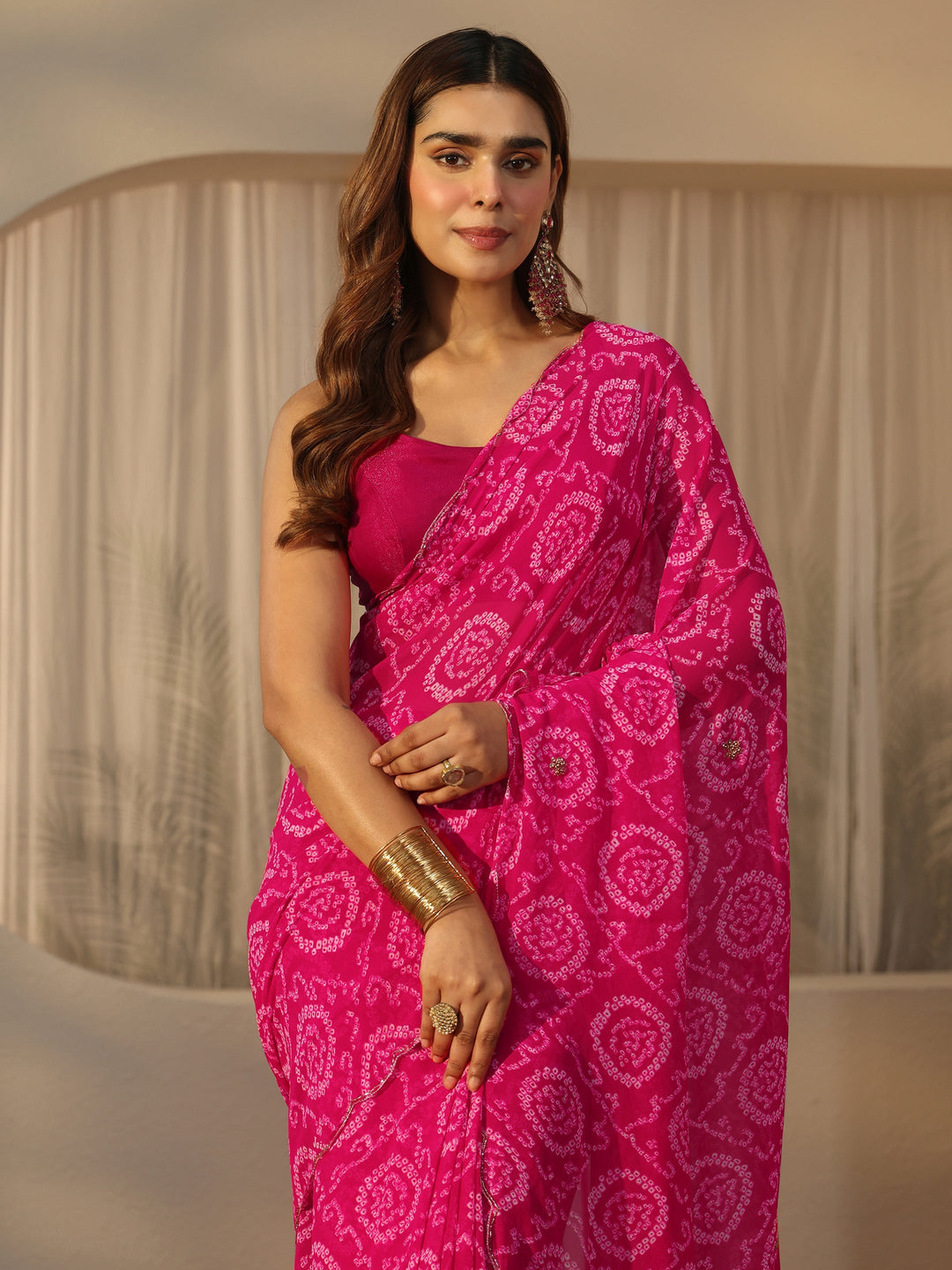  Libas Pink Bandhani Print Chiffon Saree with Applique Design 