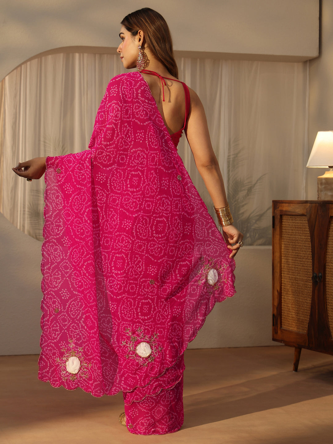  Libas Magenta Pink Bandhani Printed Chiffon Saree with Applique Design 
