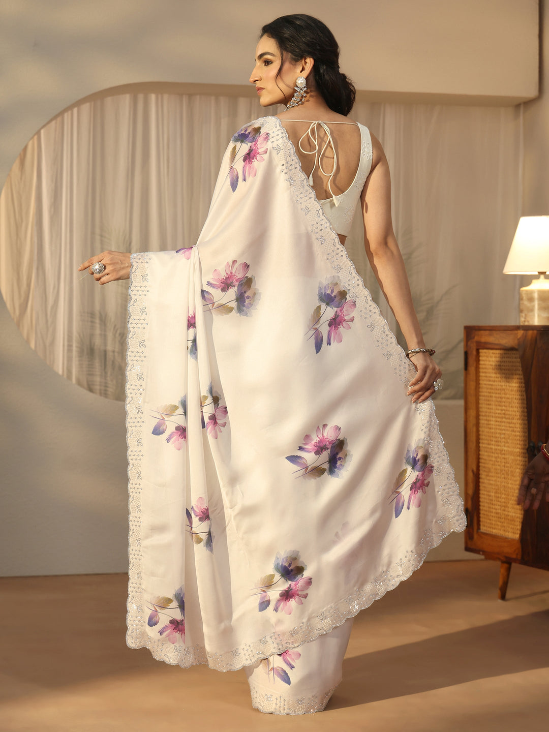  Libas Cream Floral Printed Satin Saree with Embellished Border 