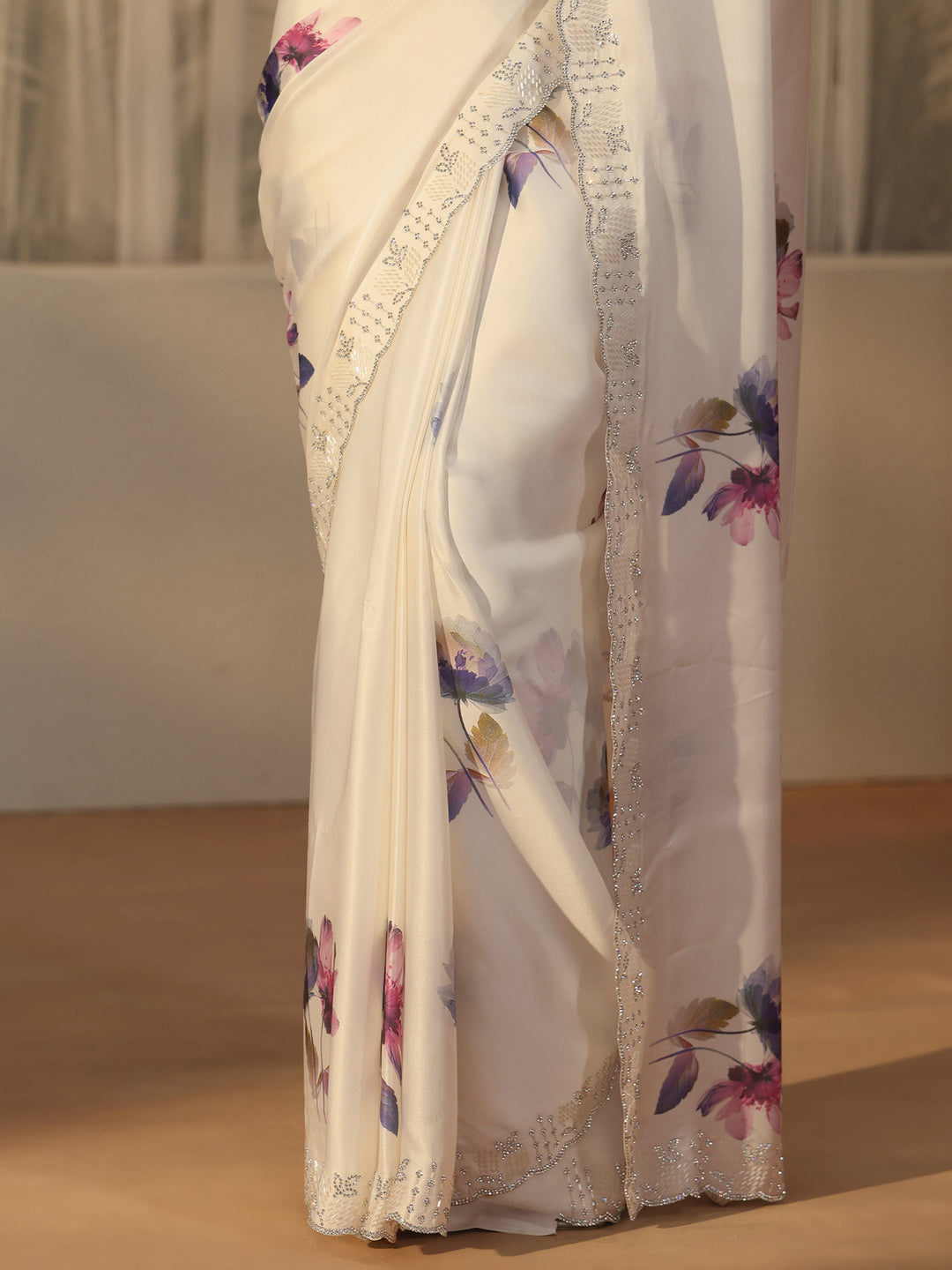  Libas Cream Floral Printed Satin Saree with Embellished Border 