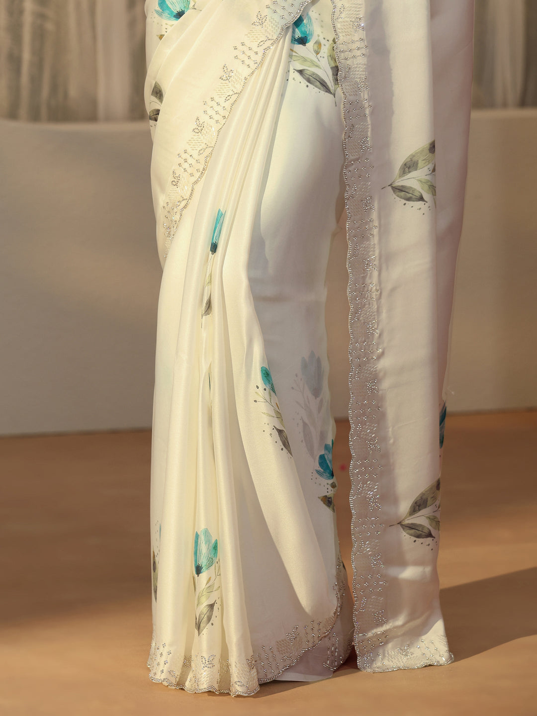  Libas Cream Floral Printed Satin Saree with Embellished Border 