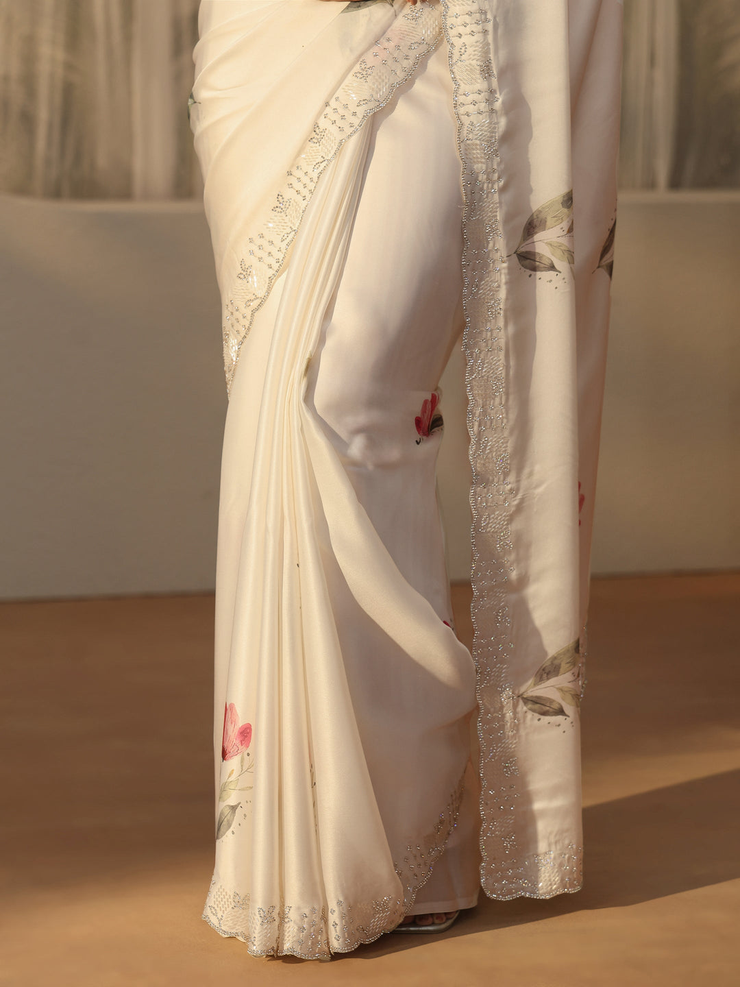  Libas Cream Floral Printed Satin Saree with Embellished Border 