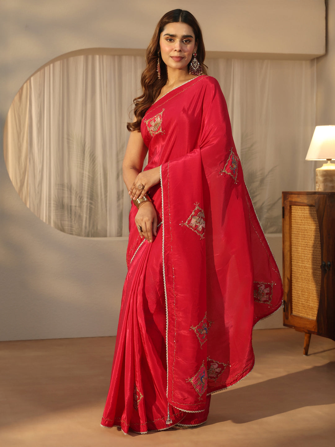  Libas Pink Animal Embroidered Saree 