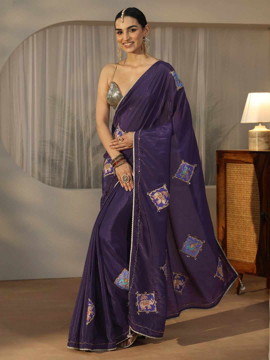  Libas Purple Satin Saree with Applique Design 