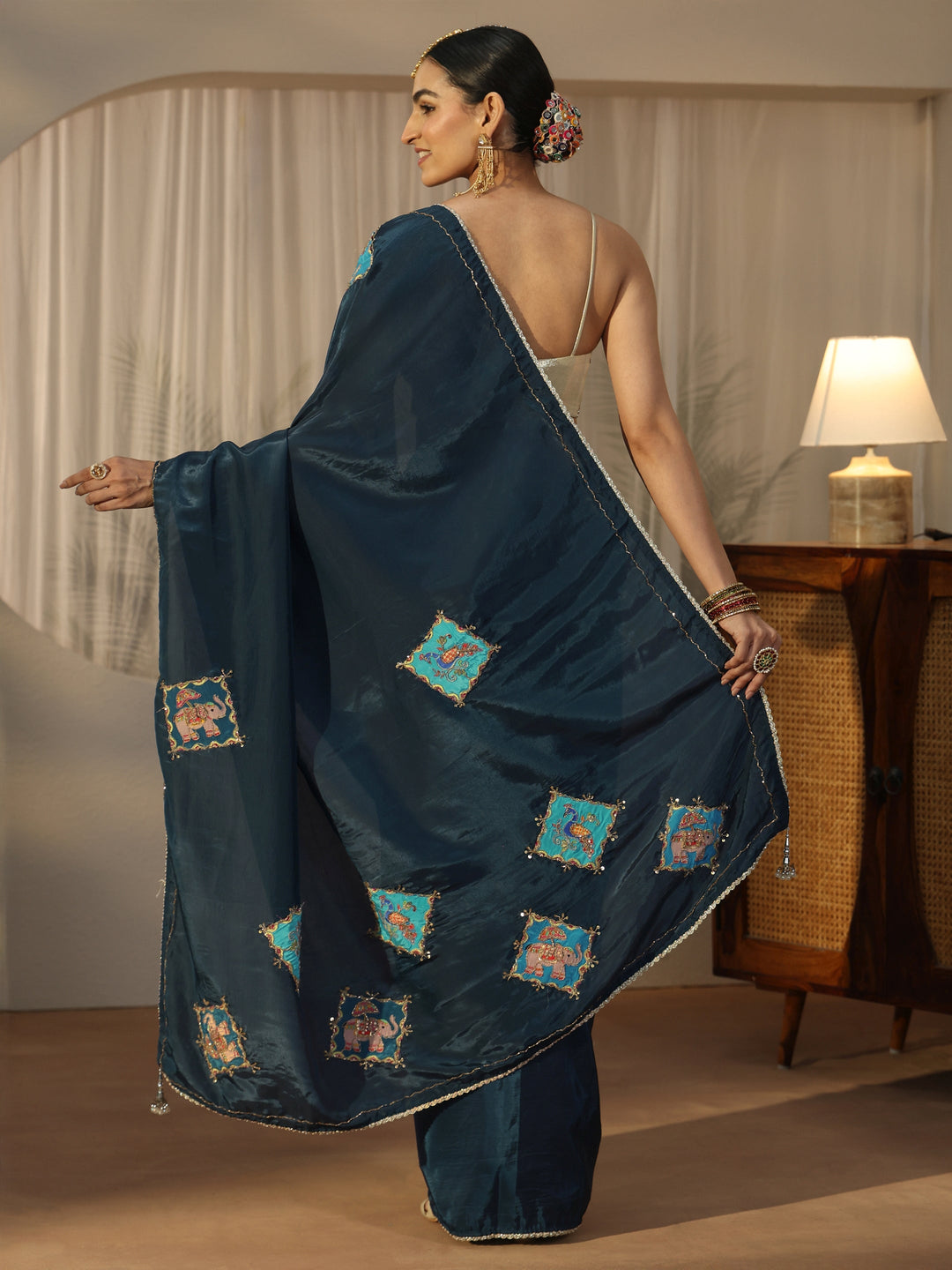  Libas Navy Blue Satin Saree with Applique Design 
