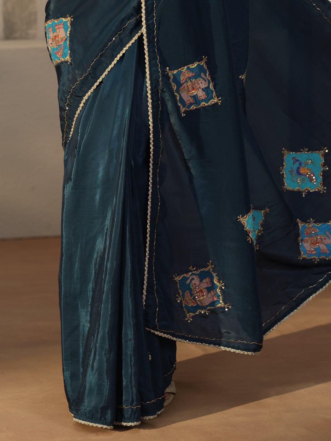  Libas Navy Blue Satin Saree with Applique Design 