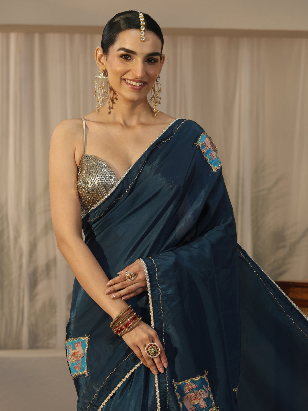 Libas Navy Blue Satin Saree with Applique Design 