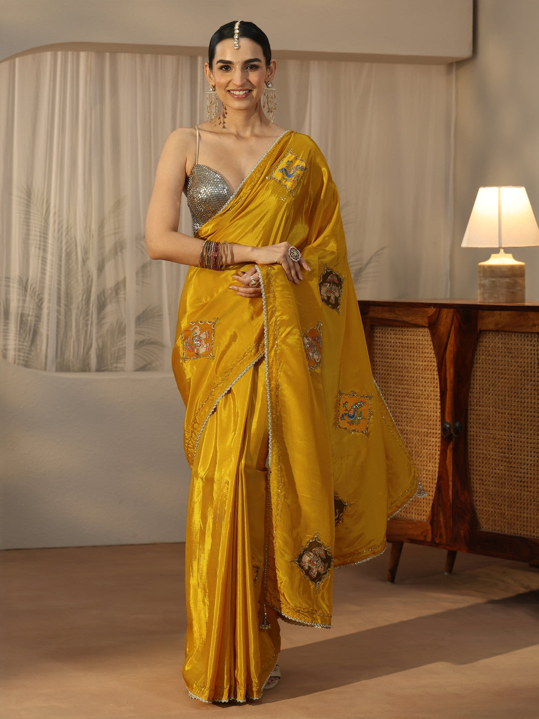  Libas Mustard Satin Saree with Applique Design 