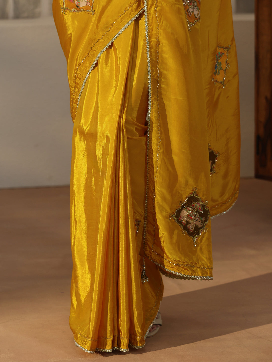  Libas Mustard Satin Saree with Applique Design 