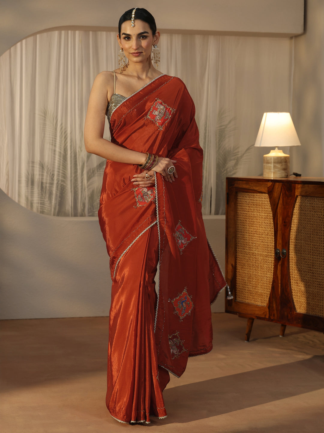  Libas Rust Brown Satin Saree with Applique Design 