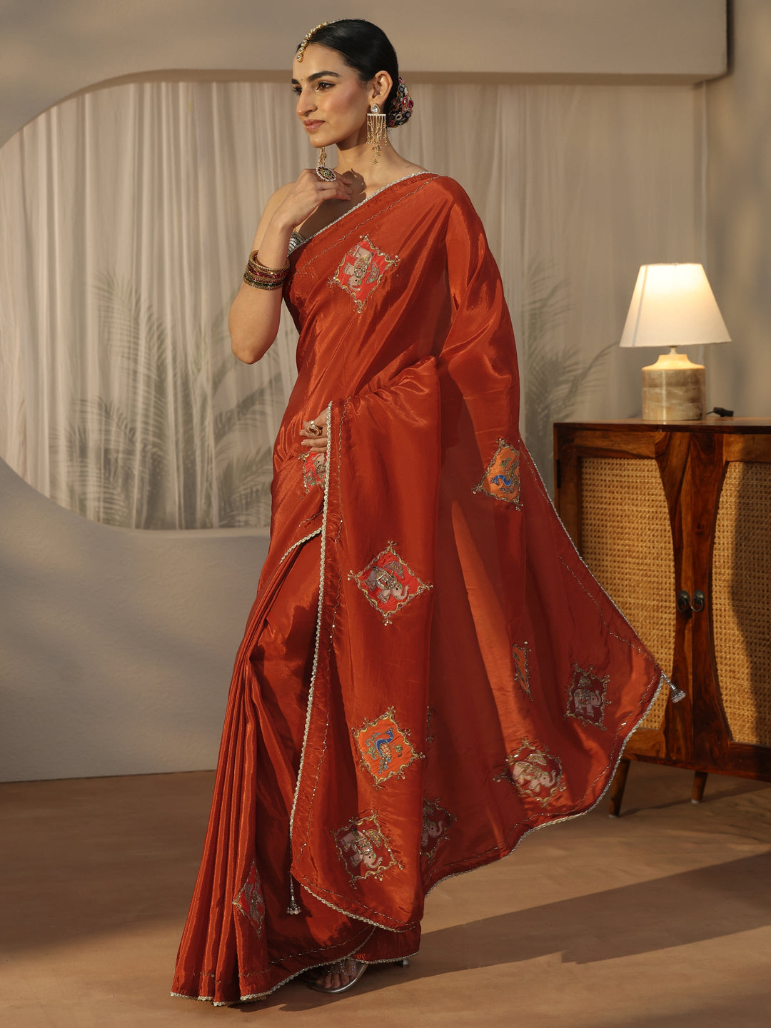 Libas Rust Brown Satin Saree with Applique Design 