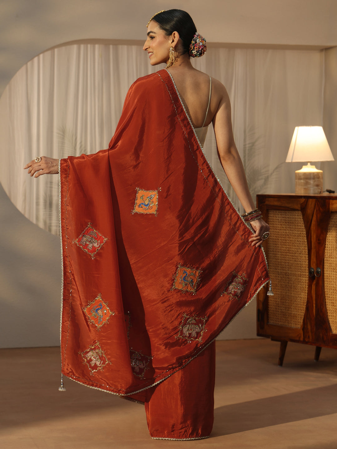  Libas Rust Brown Satin Saree with Applique Design 
