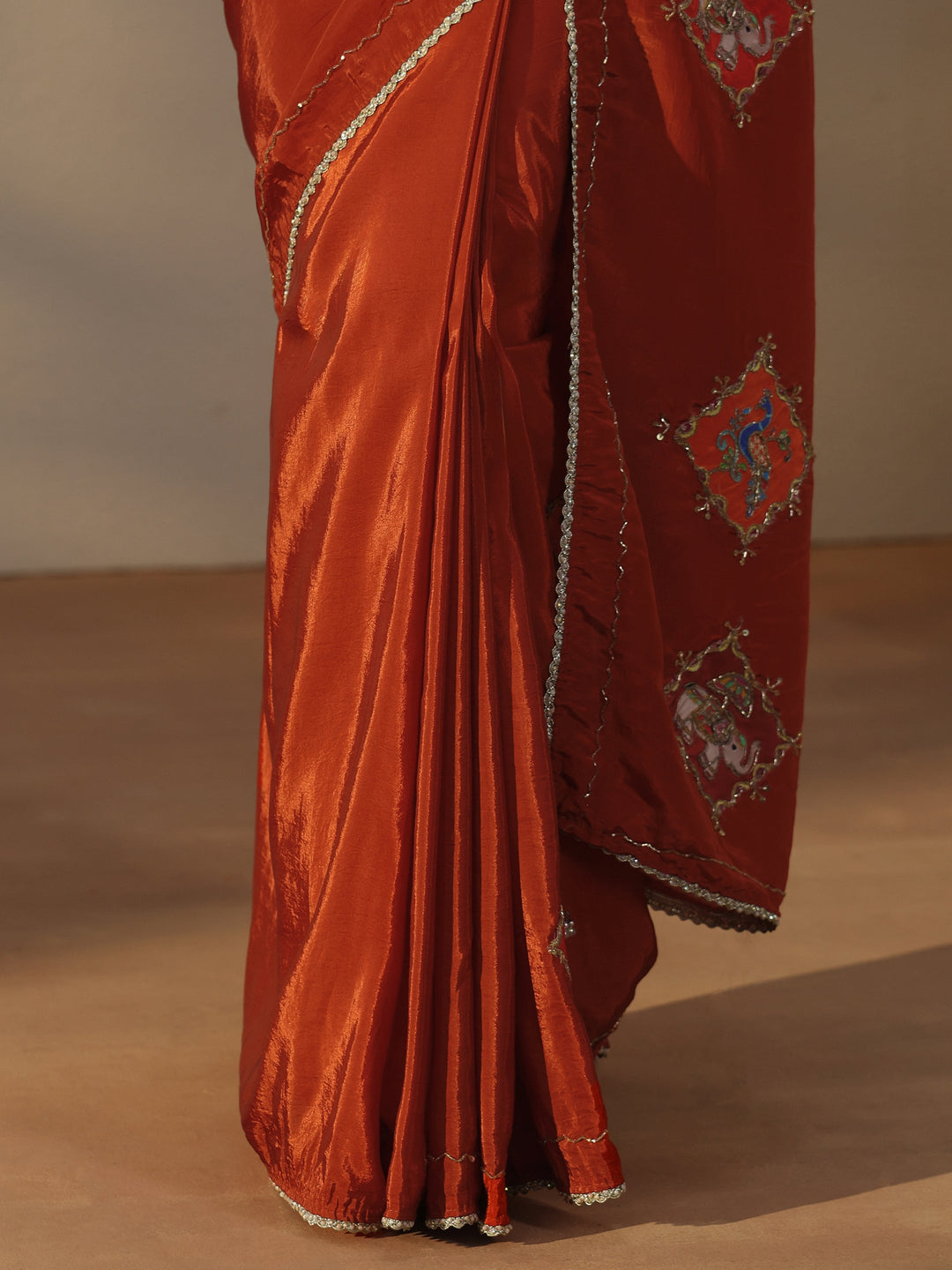  Libas Rust Brown Satin Saree with Applique Design 