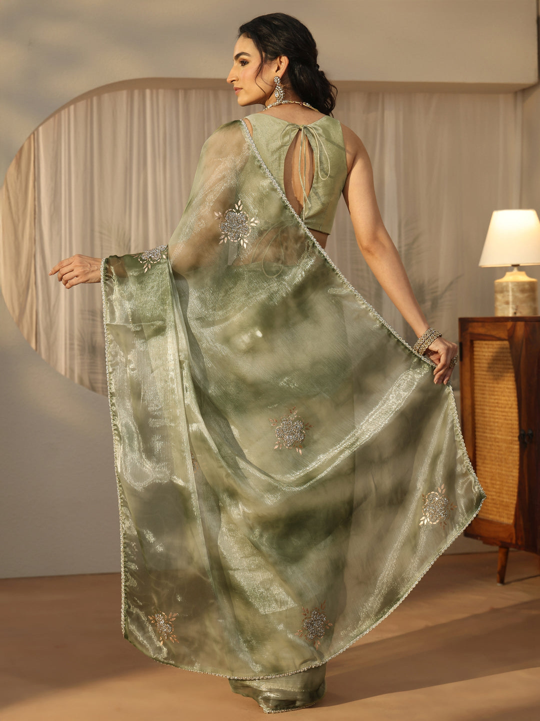  Libas Green Floral Embellished Tissue Saree 