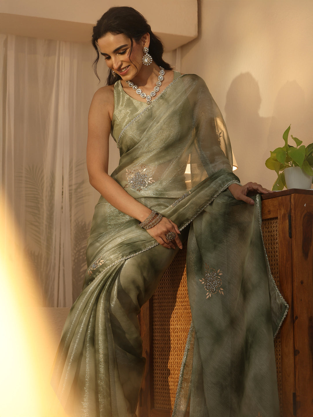  Libas Green Floral Embellished Tissue Saree 