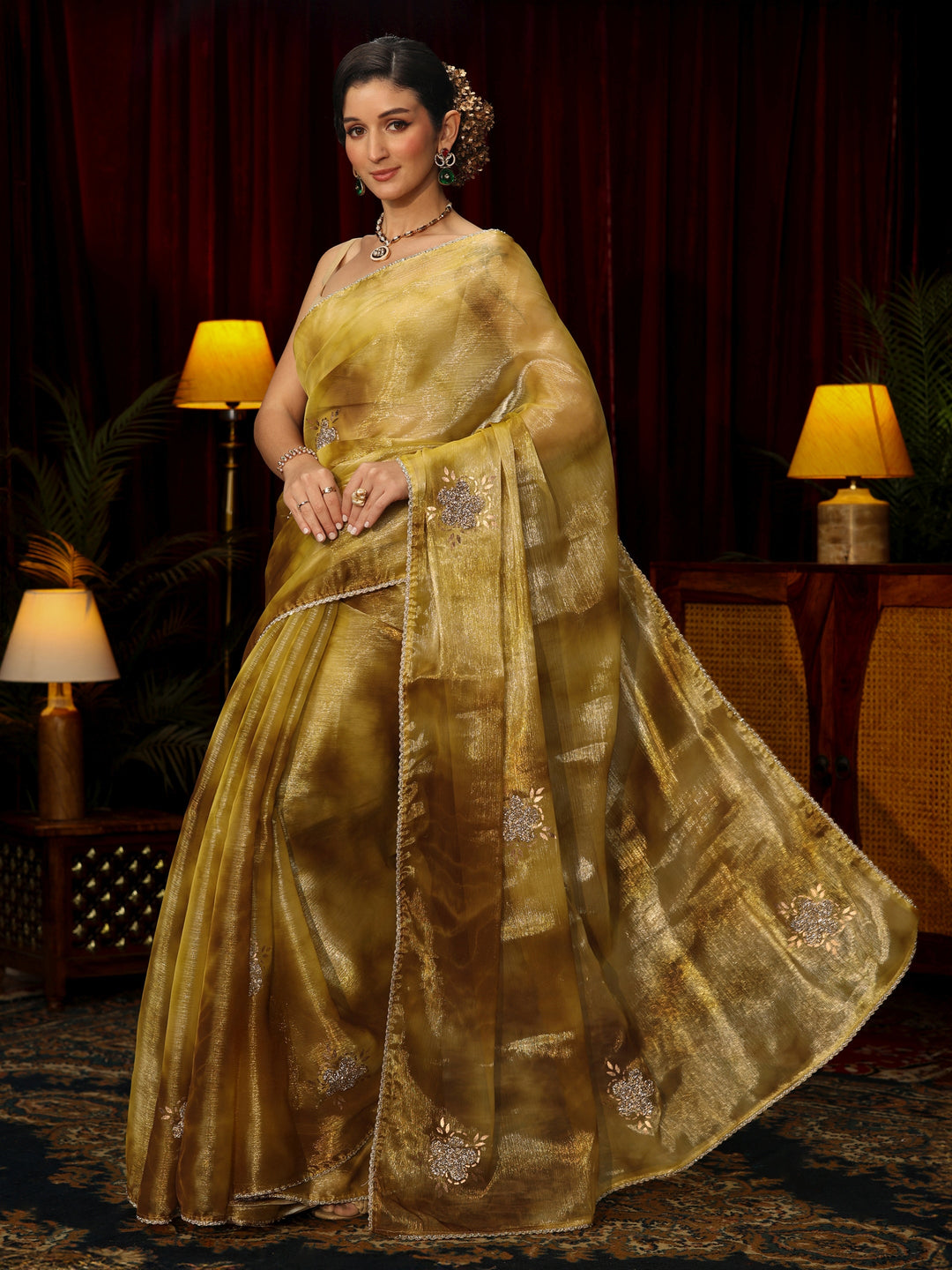  Libas Mustard Stone Work Embellished Tissue Saree 