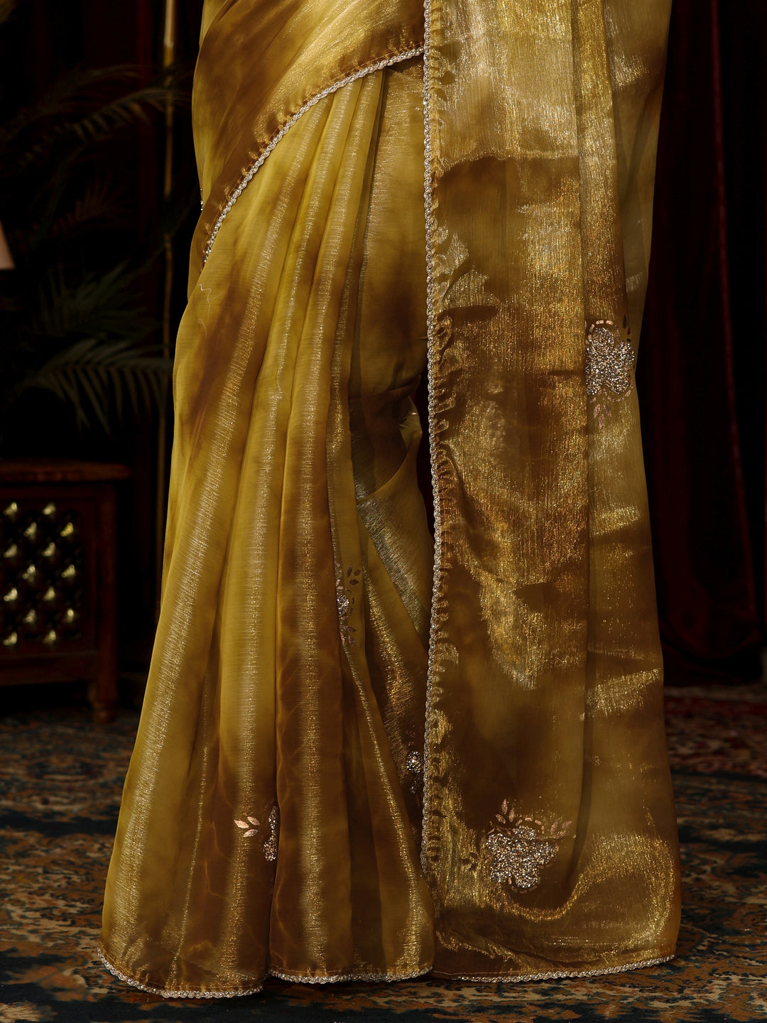  Libas Mustard Stone Work Embellished Tissue Saree 