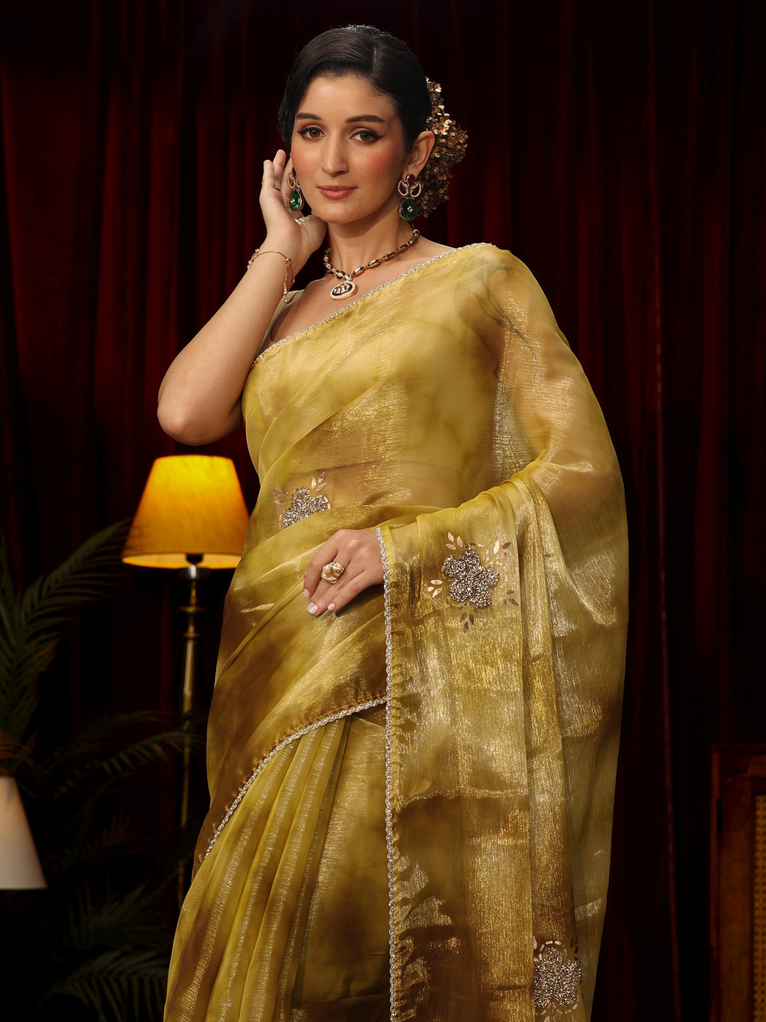  Libas Mustard Stone Work Embellished Tissue Saree 