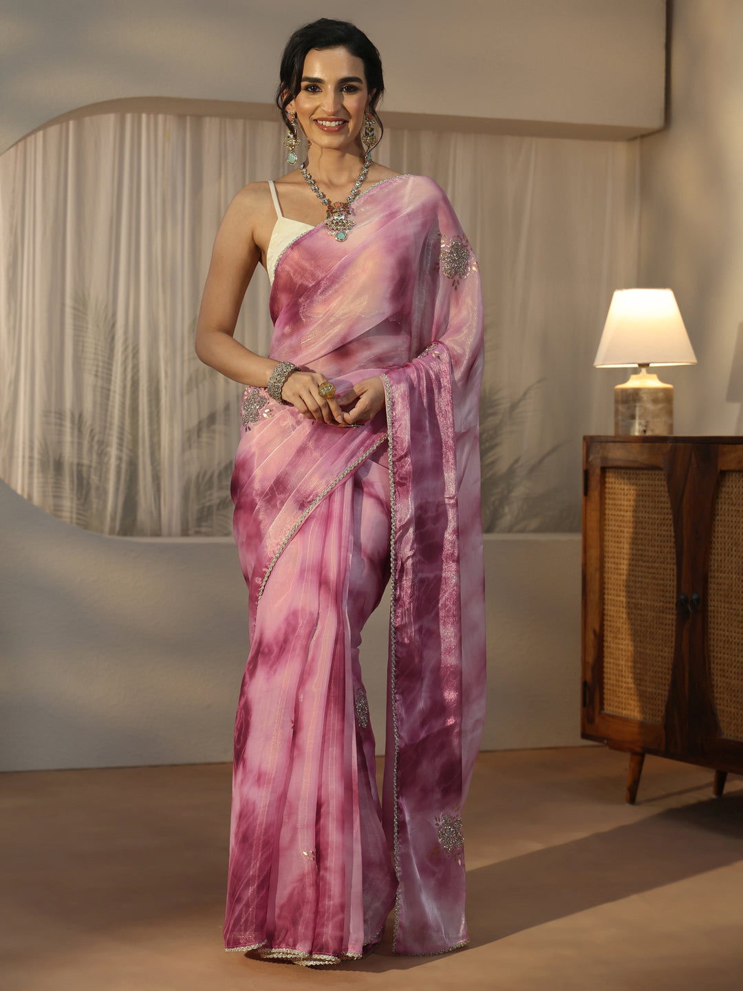  Libas Pink Floral Embellished Tissue Saree 
