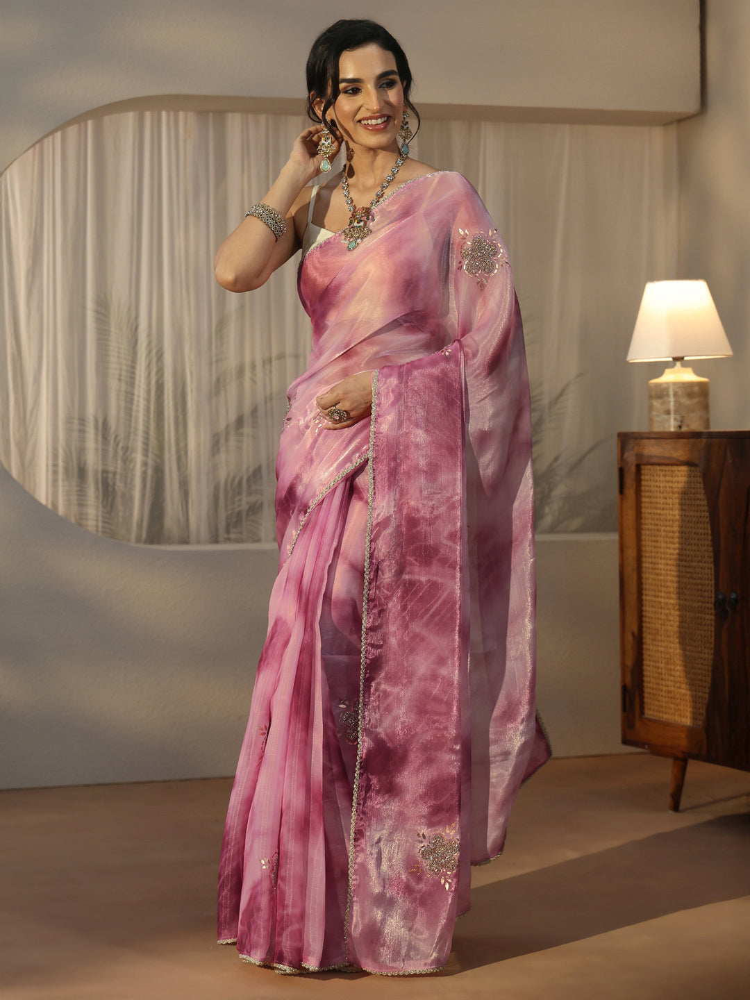  Libas Pink Floral Embellished Tissue Saree 