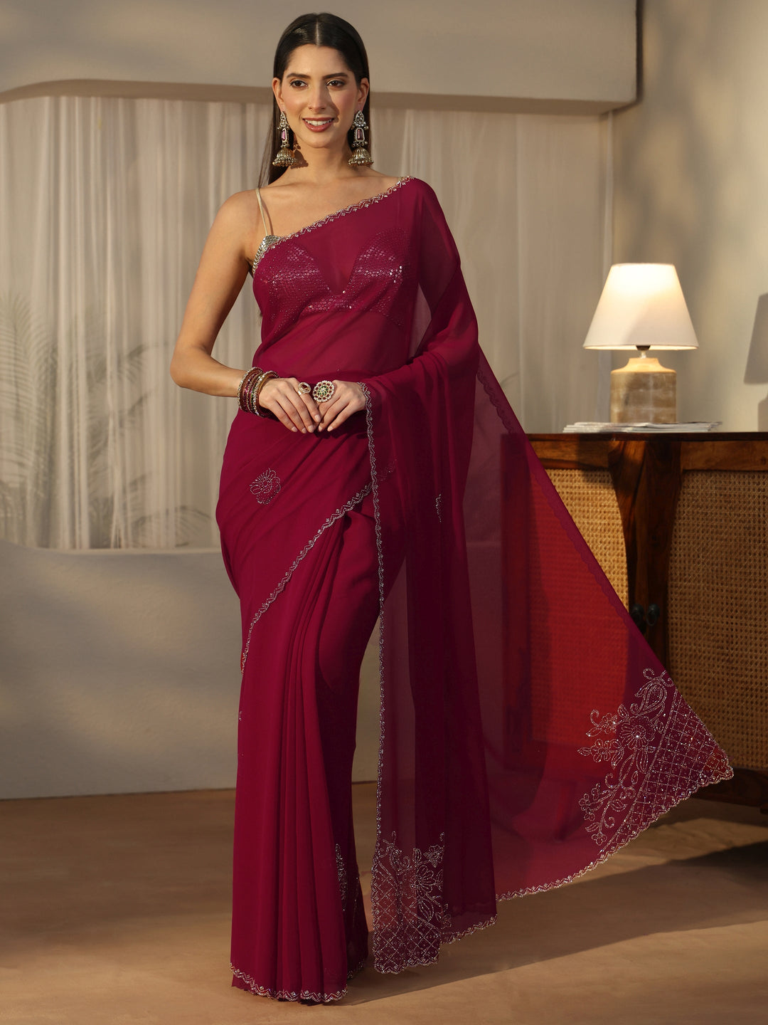  Libas Pink Floral Embellished Georgette Saree 