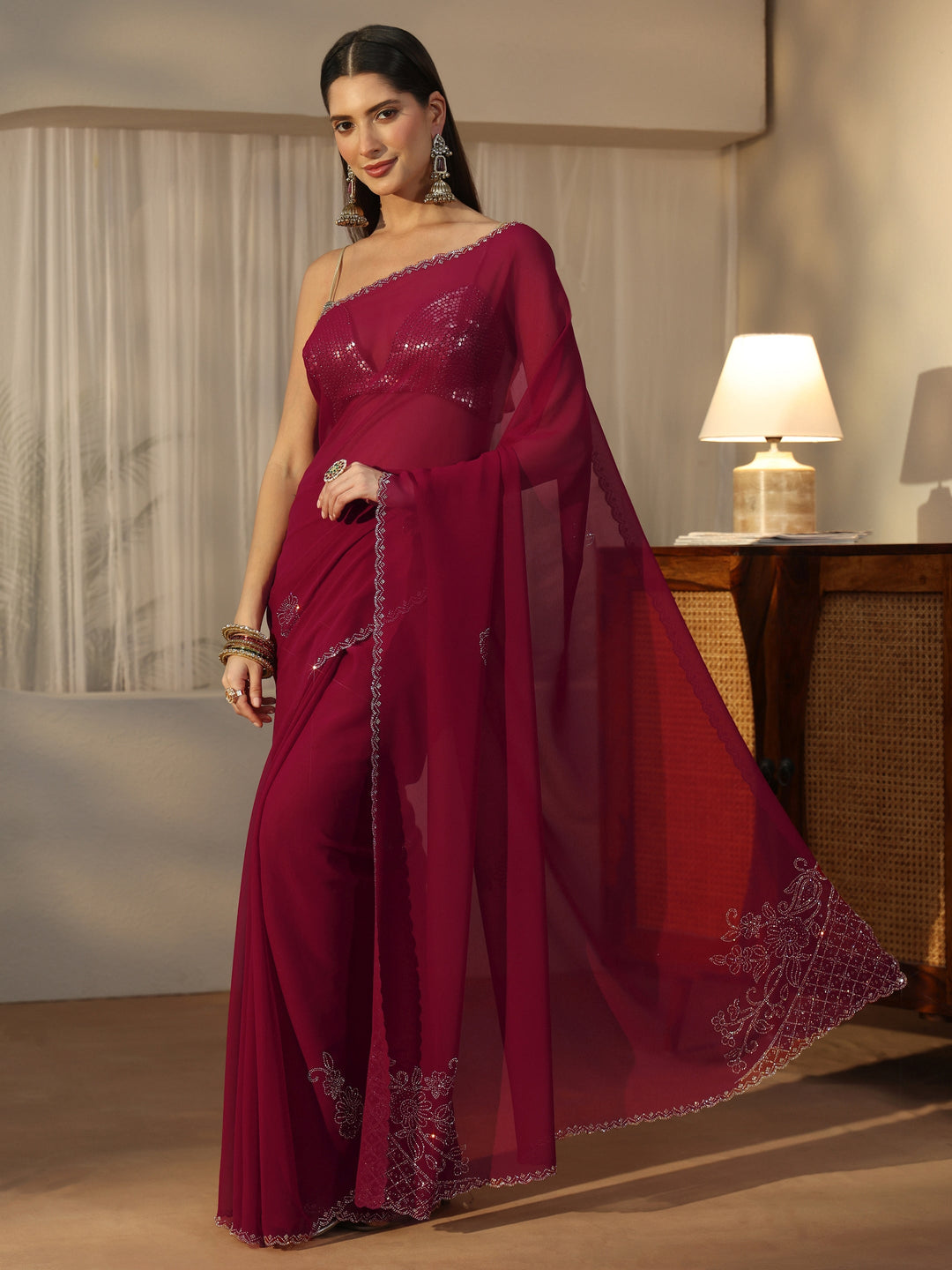  Libas Pink Floral Embellished Georgette Saree 