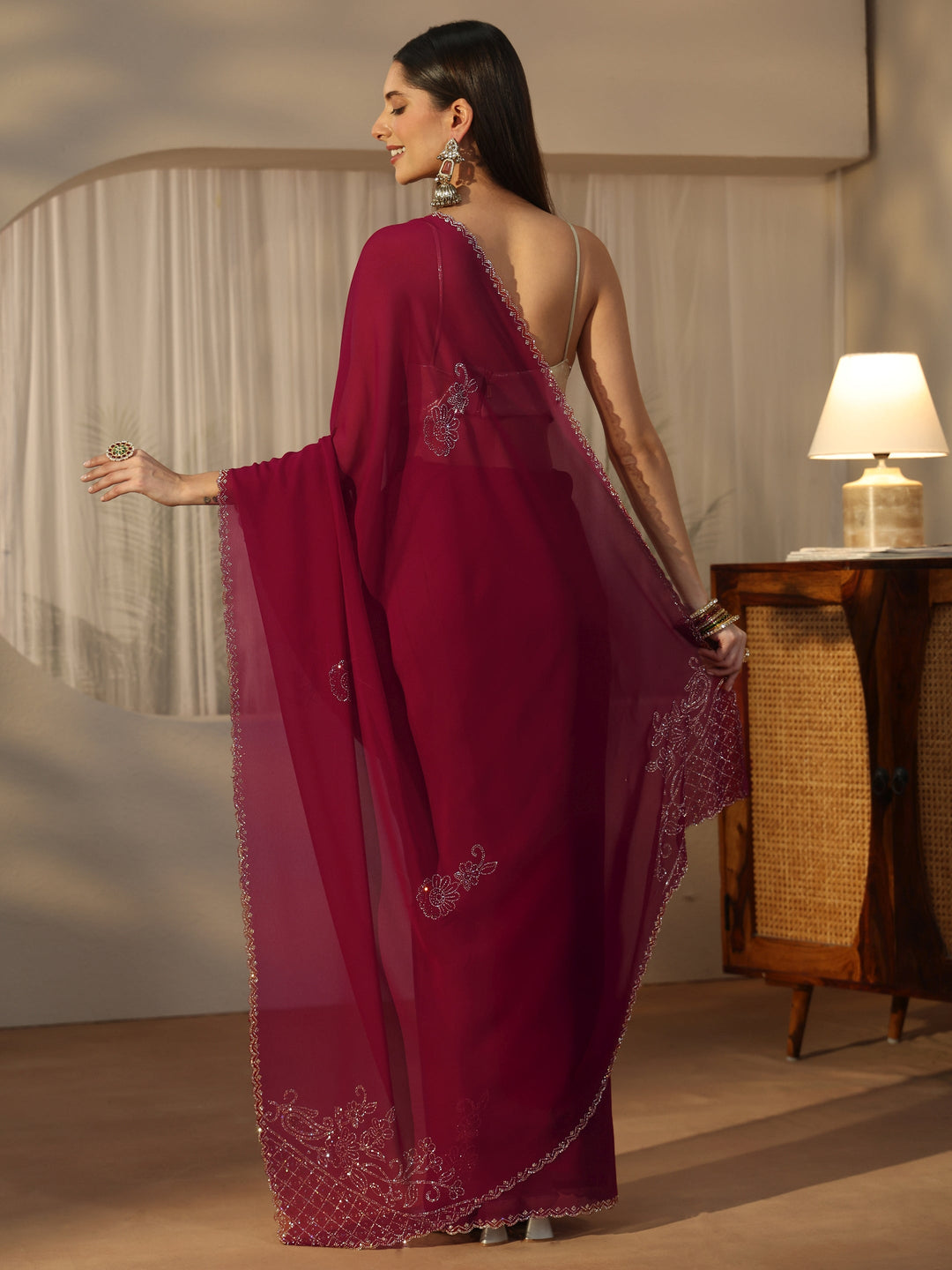  Libas Pink Floral Embellished Georgette Saree 