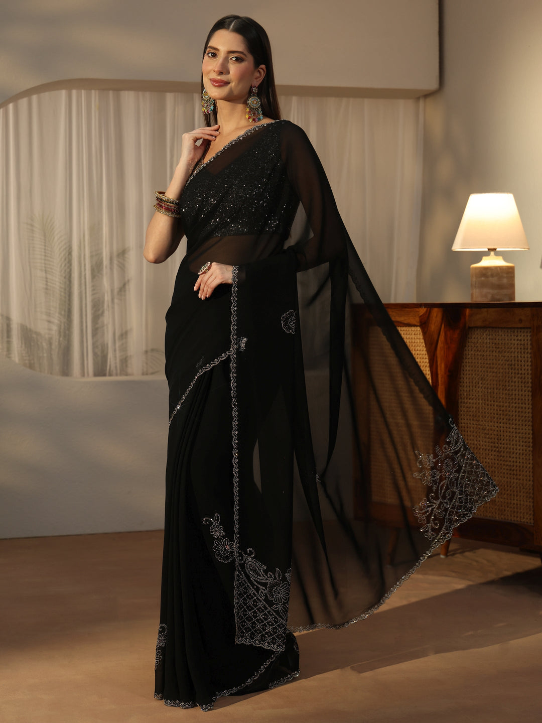  Libas Black Floral Embellished Georgette Saree 