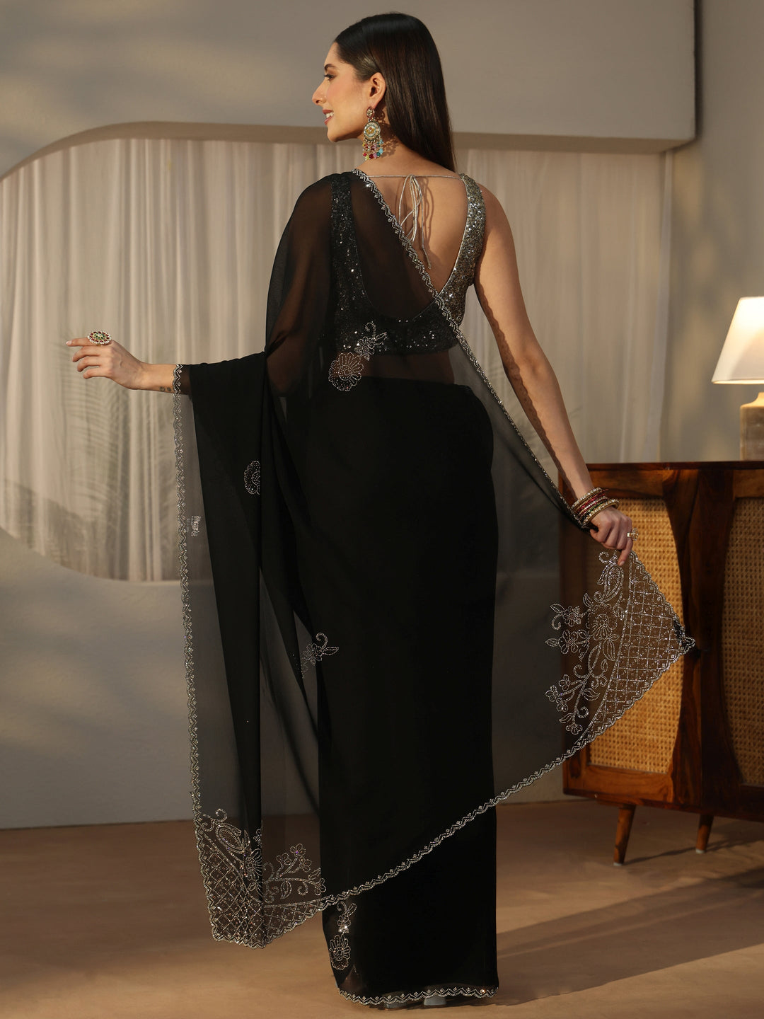  Libas Black Floral Embellished Georgette Saree 