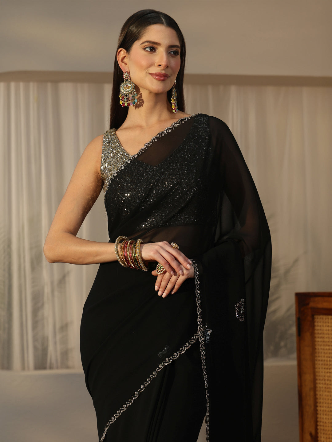  Libas Black Floral Embellished Georgette Saree 