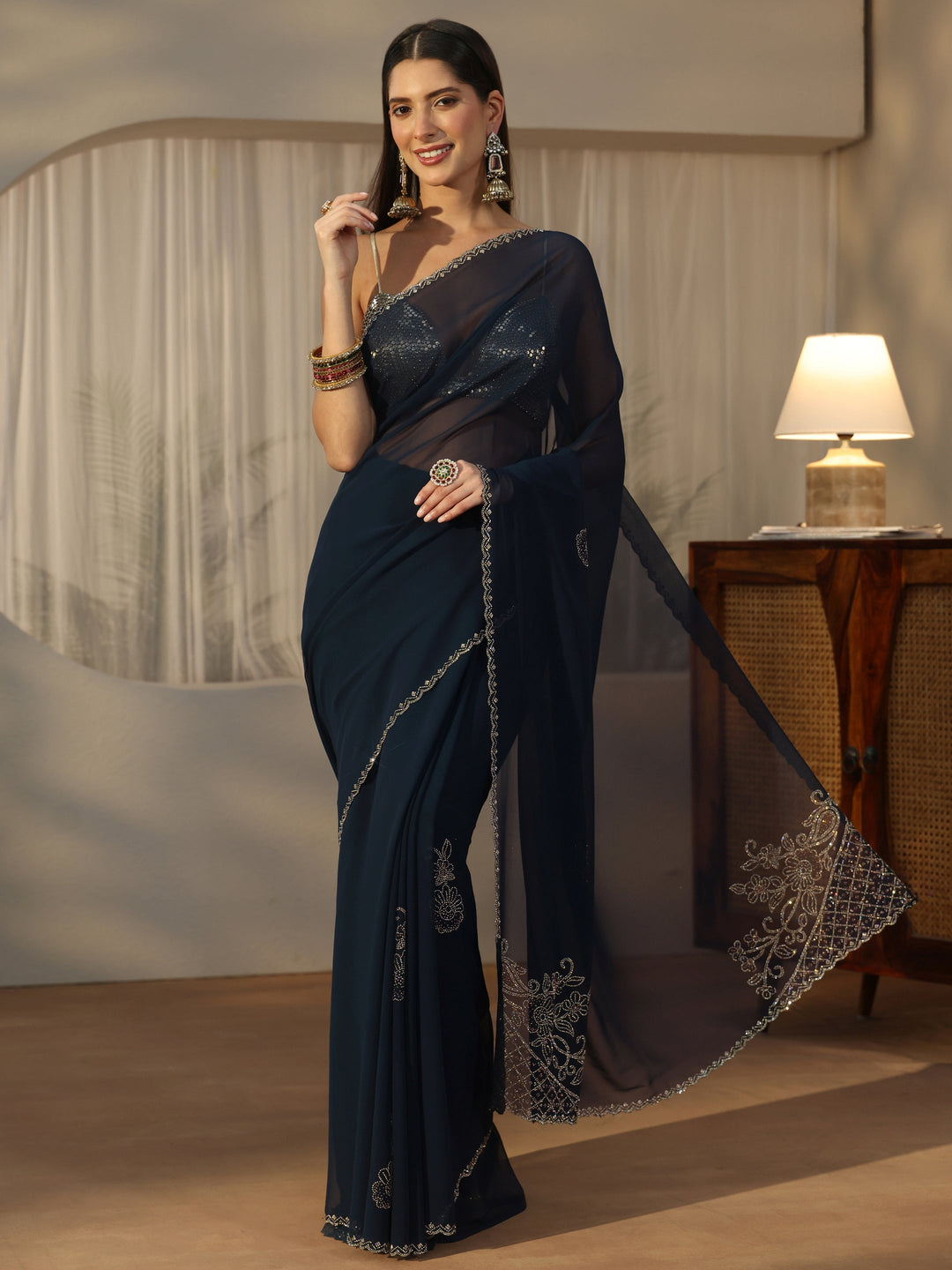  Libas Teal Blue Floral Embellished Georgette Saree 