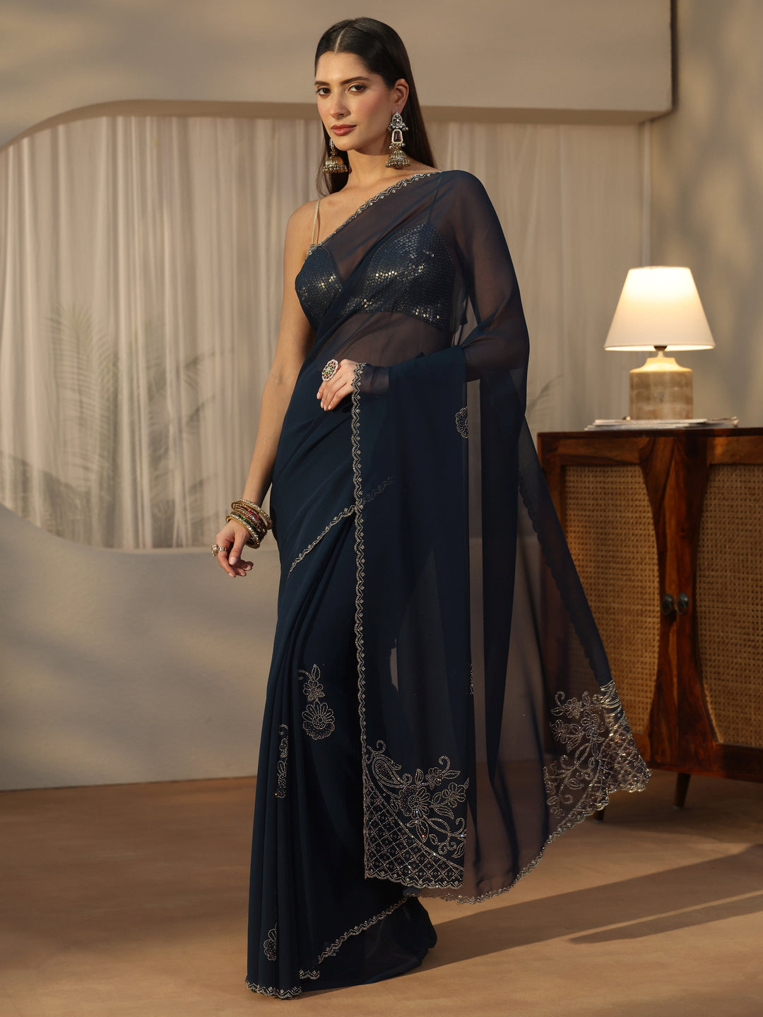  Libas Teal Blue Floral Embellished Georgette Saree 
