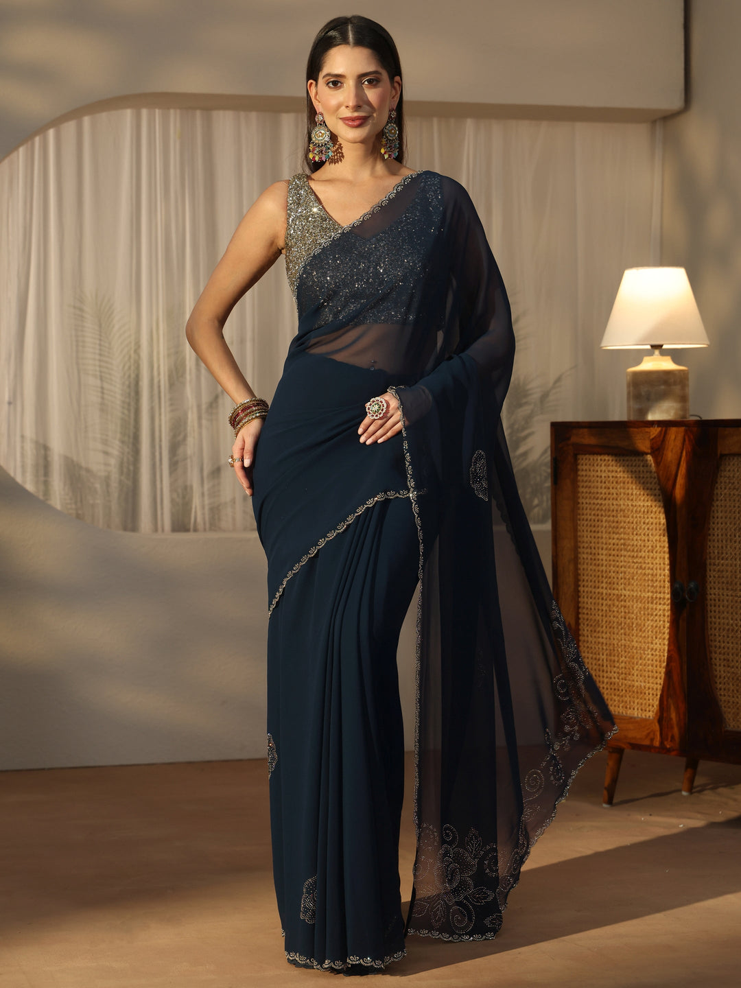  Libas Navy Blue Floral Embellished Georgette Saree 