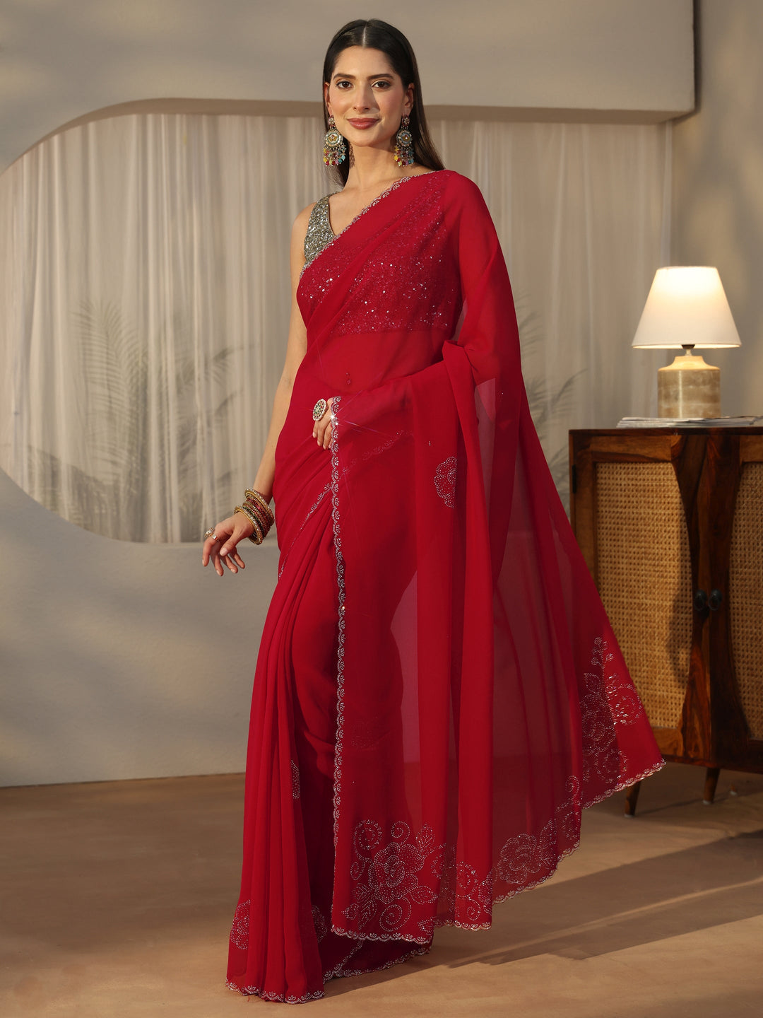  Libas Ruby Red Floral Embellished Georgette Saree 