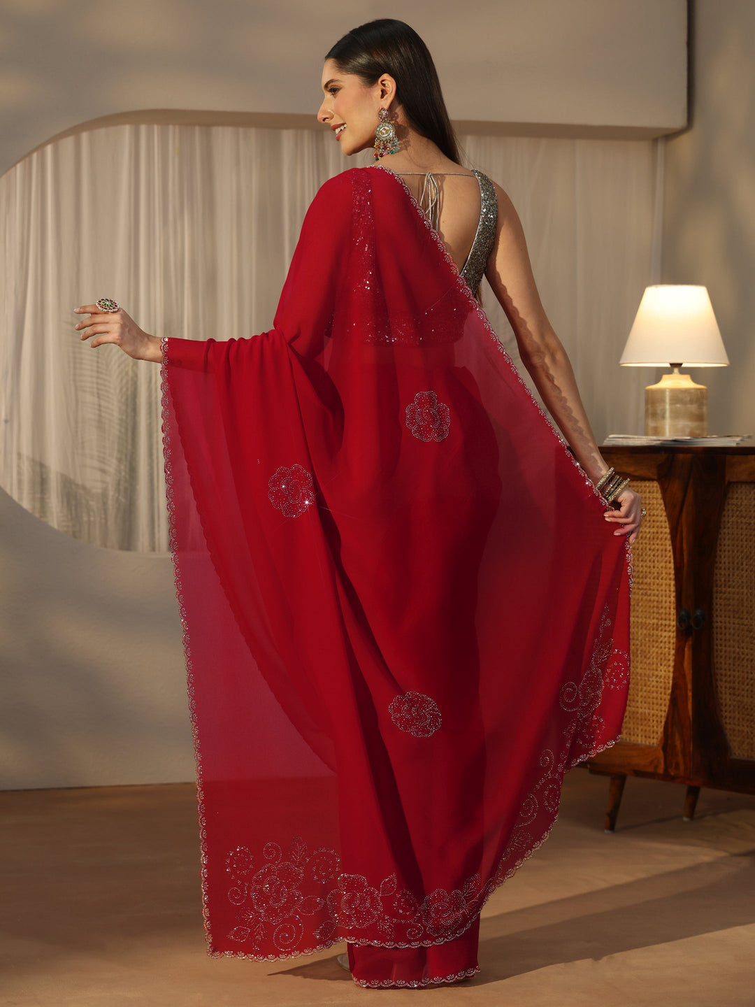  Libas Ruby Red Floral Embellished Georgette Saree 