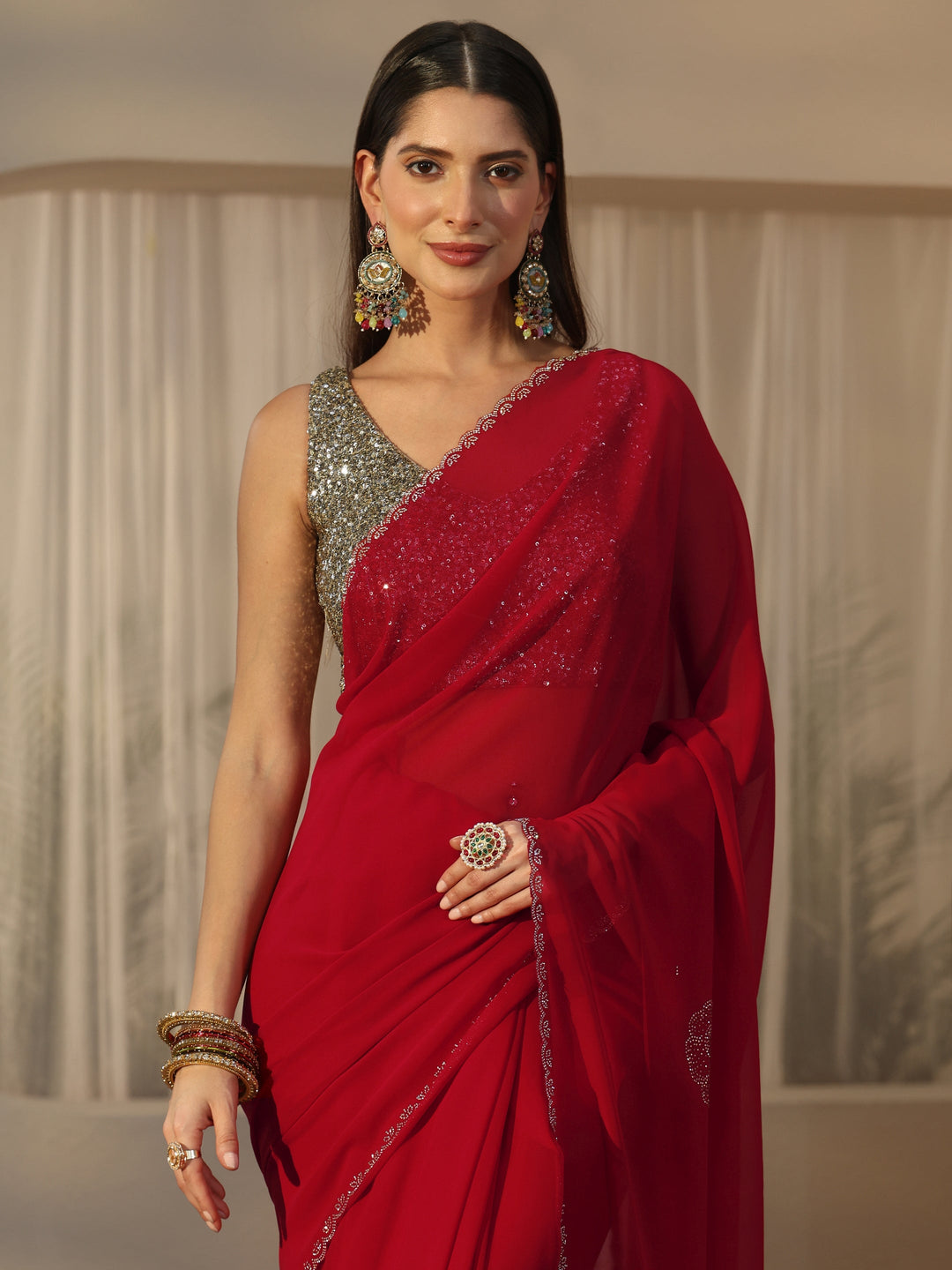  Libas Ruby Red Floral Embellished Georgette Saree 