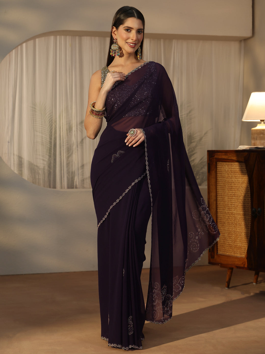 Libas Plum Purple Floral Embellished Georgette Saree 