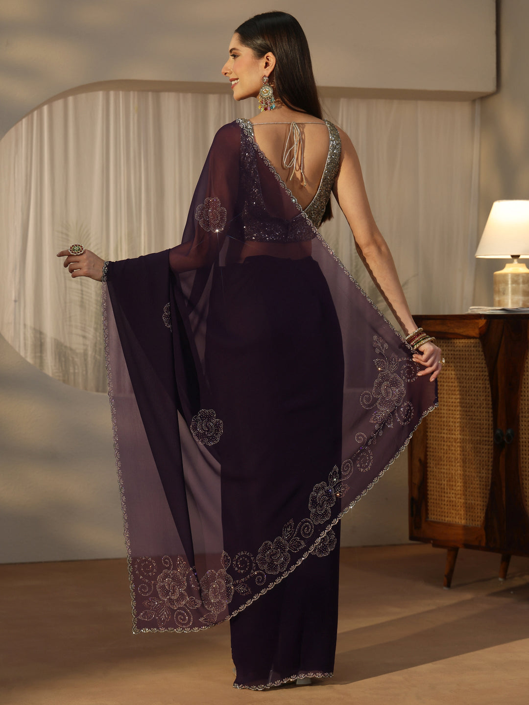  Libas Plum Purple Floral Embellished Georgette Saree 