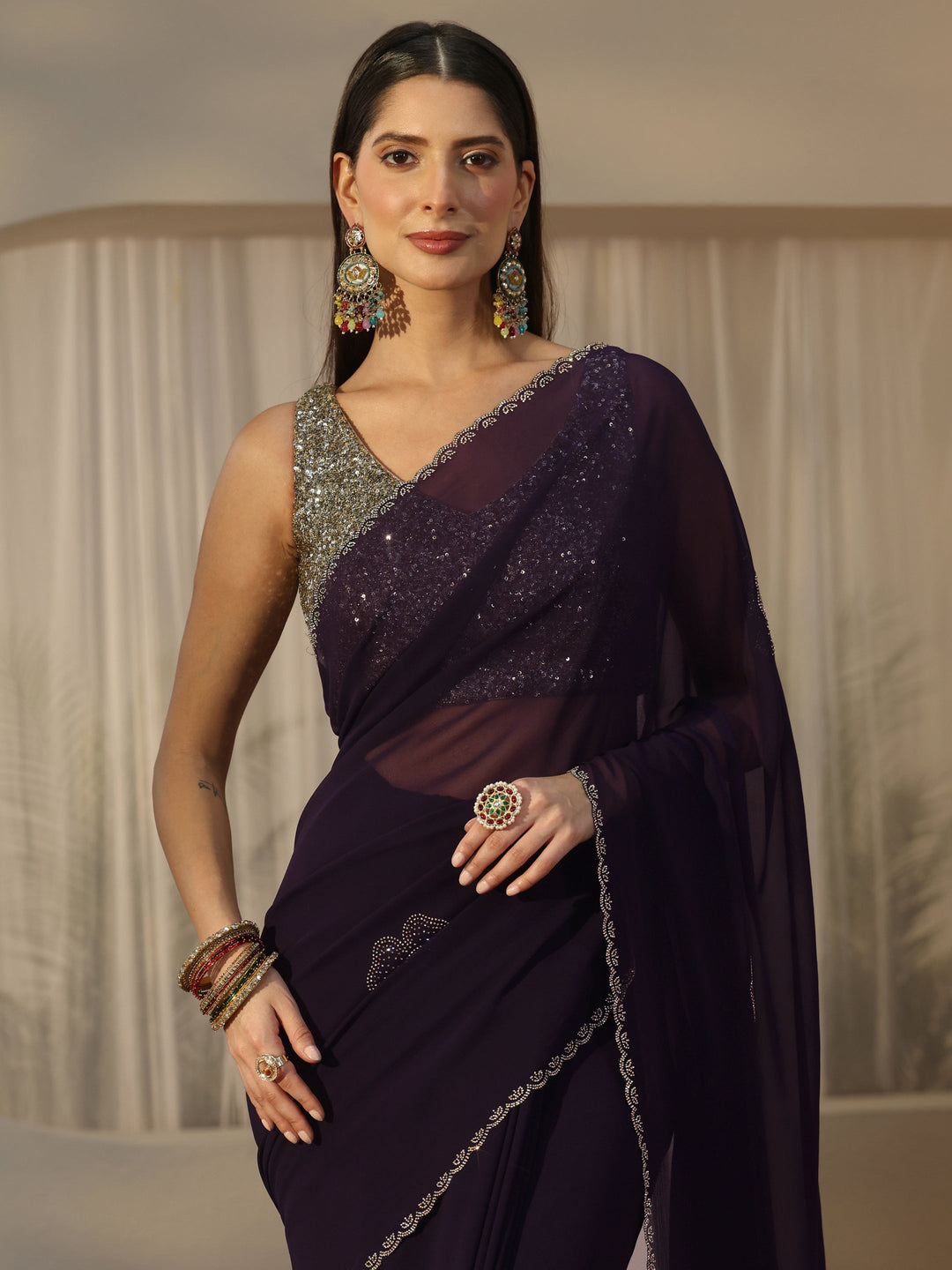  Libas Plum Purple Floral Embellished Georgette Saree 