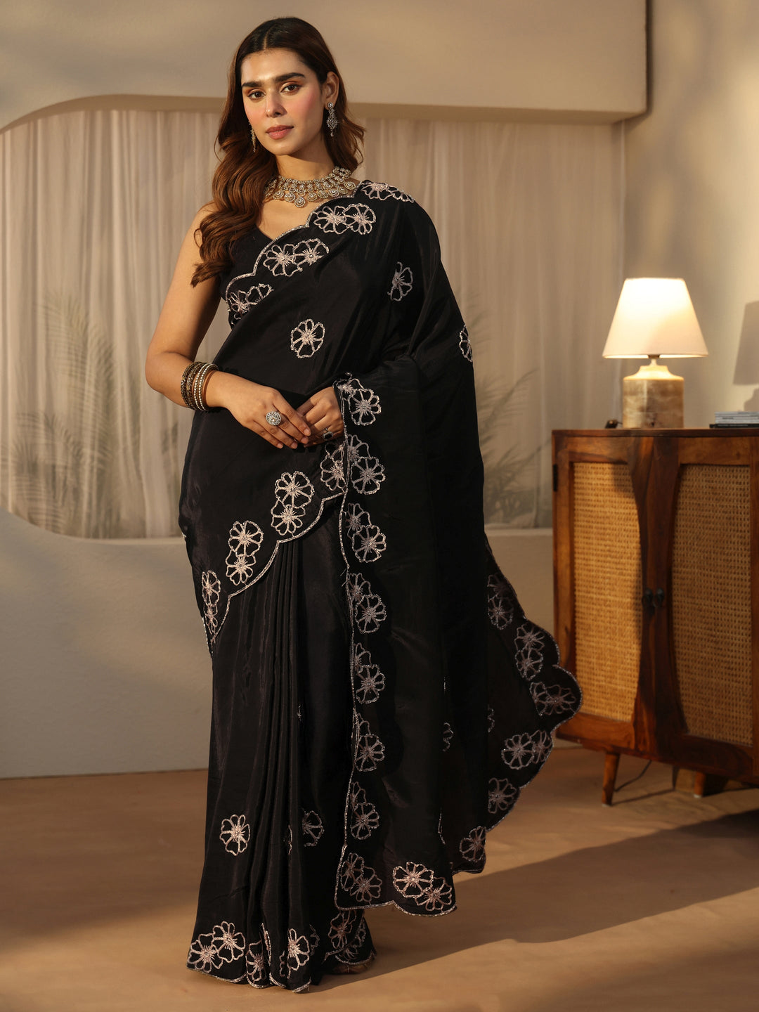  Libas Black Floral Embellished Satin Saree with Scalloped Border 