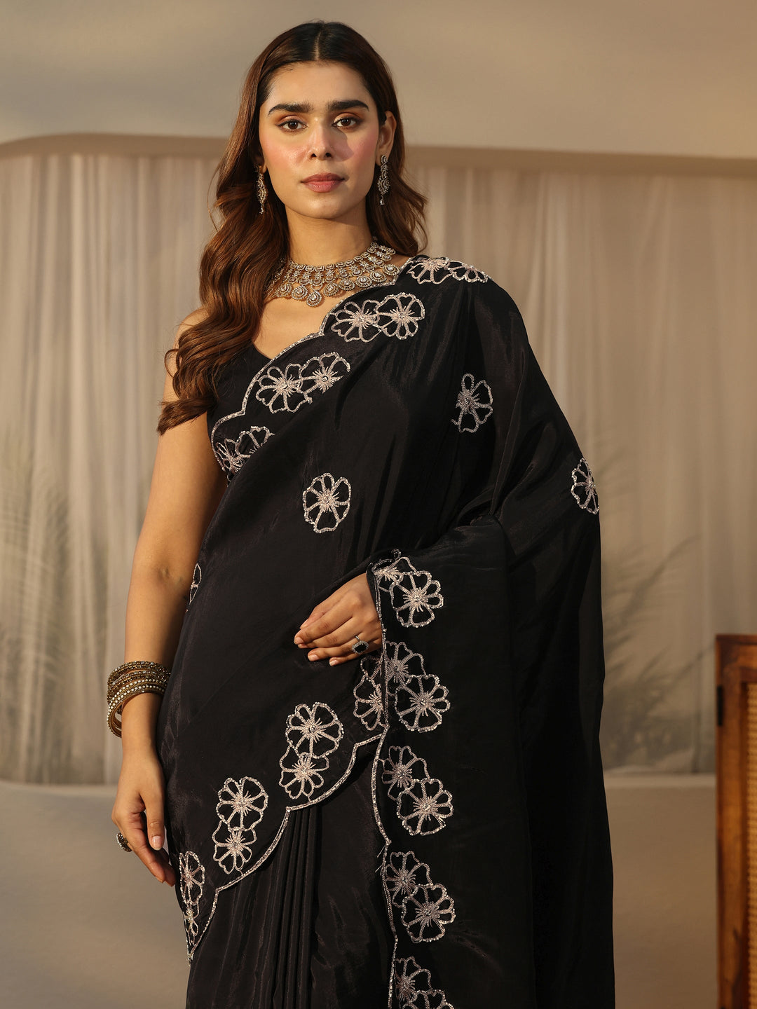  Libas Black Floral Embellished Satin Saree with Scalloped Border 