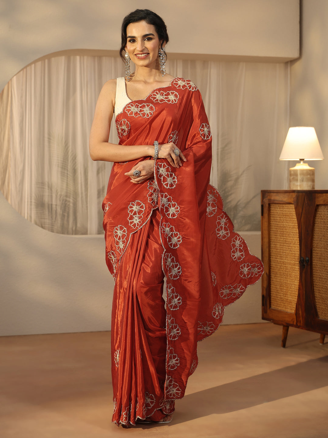 Libas Rust Brown Floral Embellished Satin Saree with Scalloped Border 